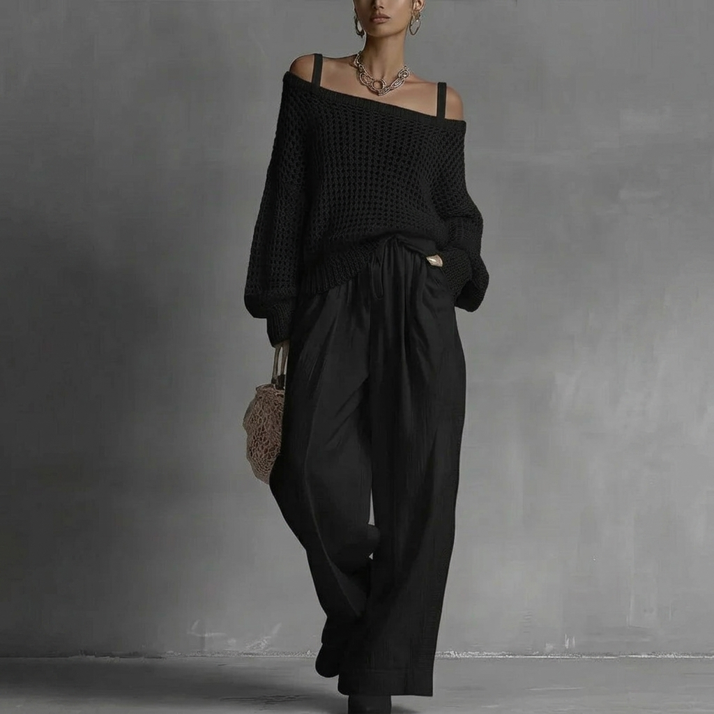 Conjunto de mujer con suéter calado y pantalón ancho