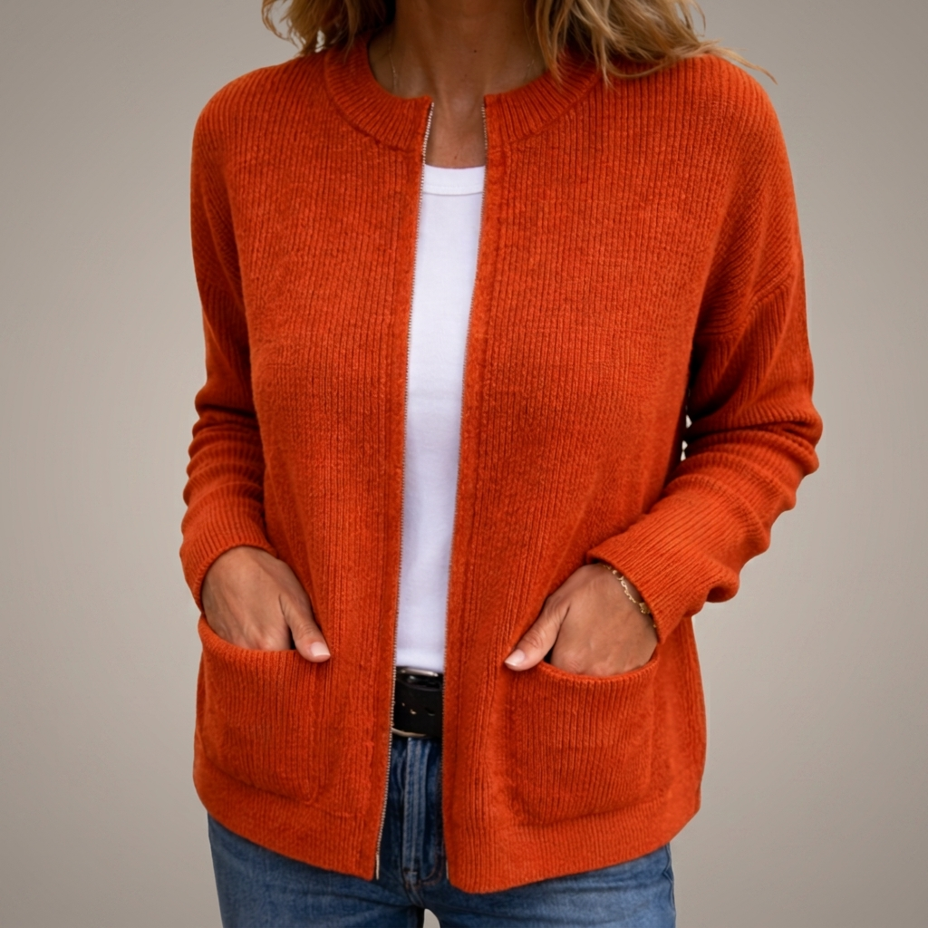 Cárdigan de punto para mujer con cremallera y bolsillos frontales