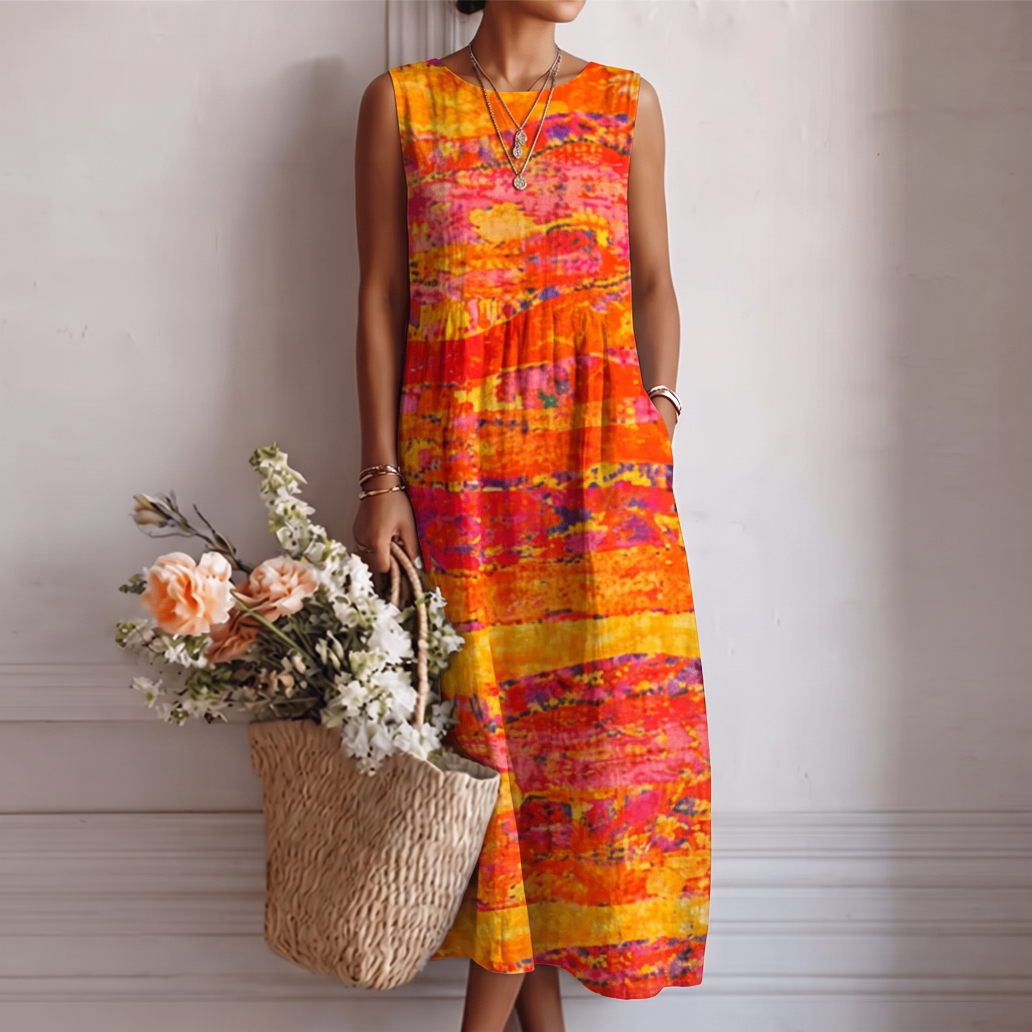 Vestido midi mujer sin mangas estampado multicolor con bolsillos