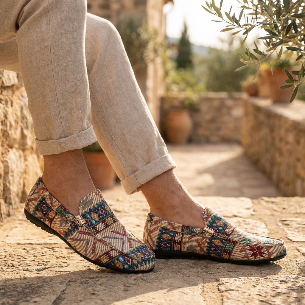Mocasines hombre cómodos con estampado étnico y suela flexible