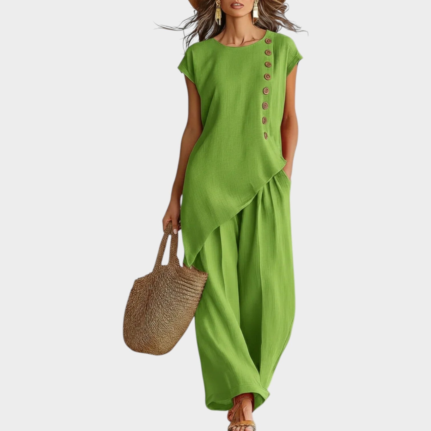 Conjunto Mujer Lino Verano – Diseño Asimétrico Fluido con Botones Laterales