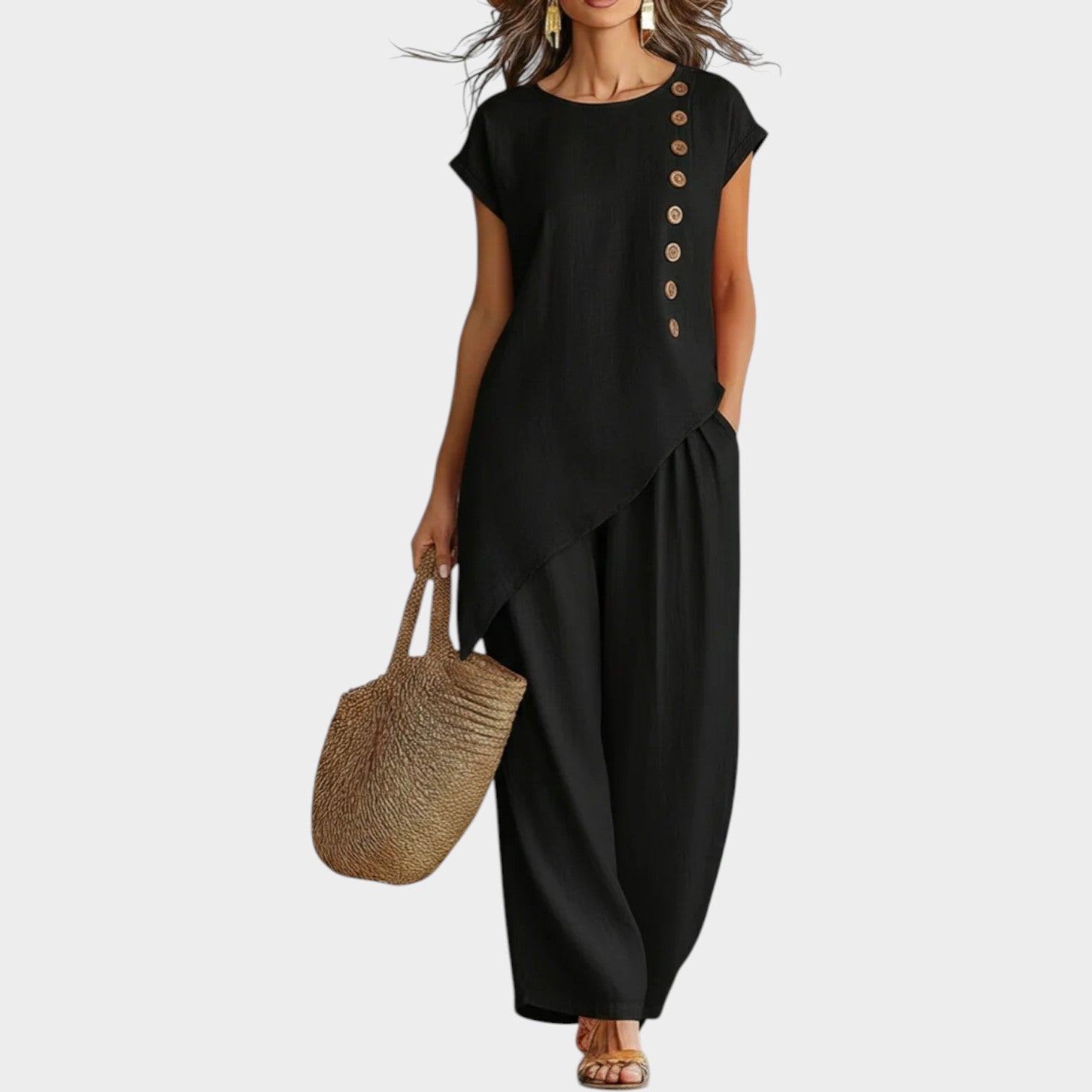 Conjunto Mujer Lino Verano – Diseño Asimétrico Fluido con Botones Laterales