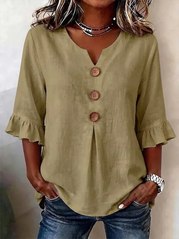 Camisa Mujer Cuello V Botones – Estilo Fluido y Cómodo