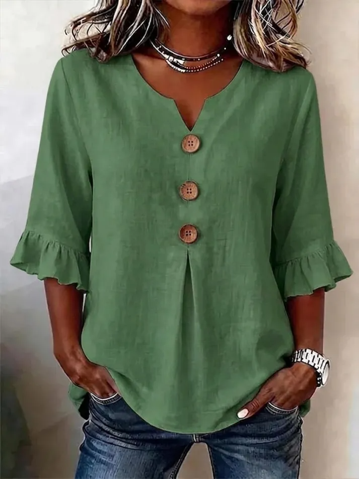 Camisa Mujer Cuello V Botones – Estilo Fluido y Cómodo