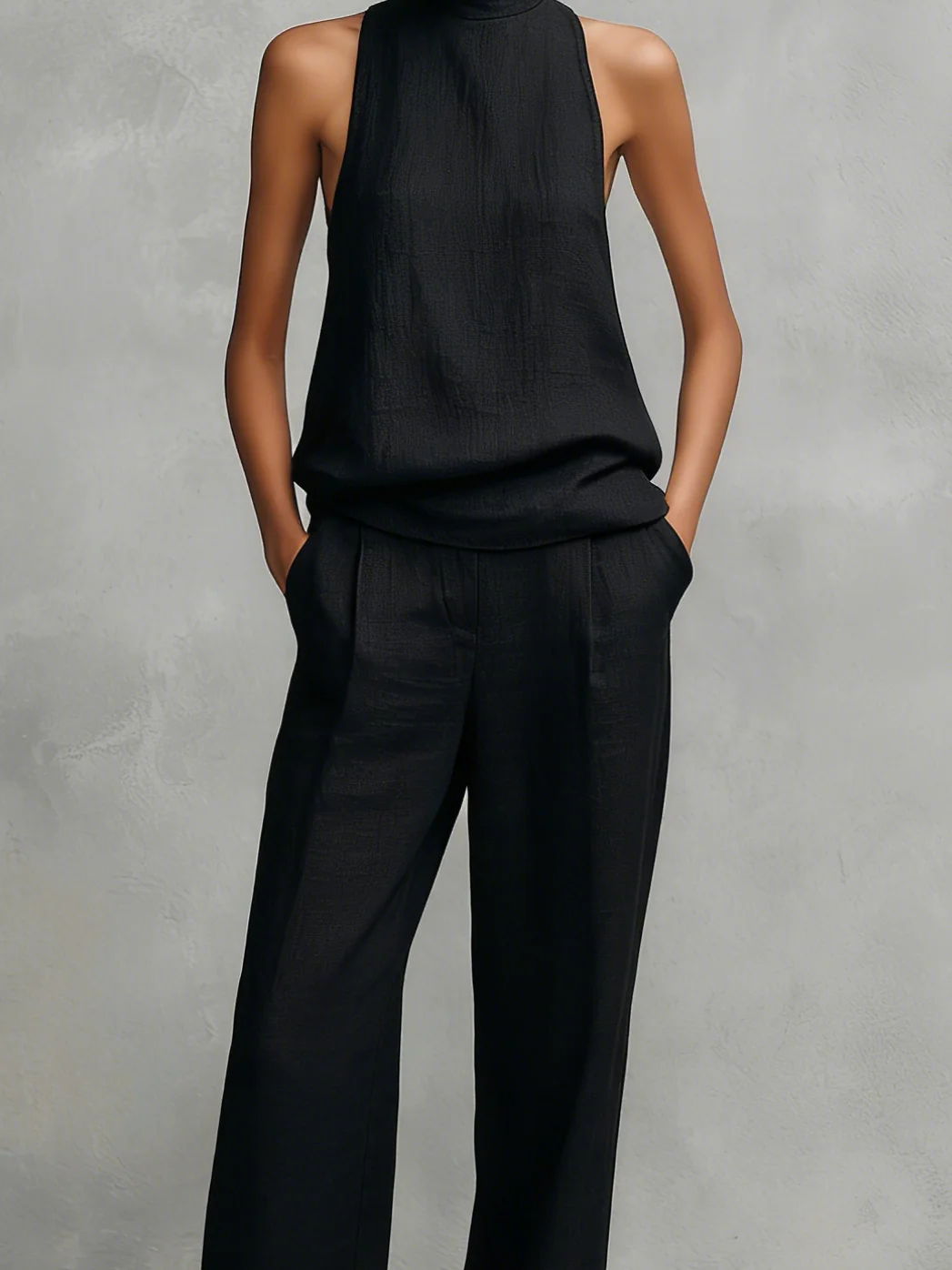 Conjunto de dama negro en lino y algodón con cuello alto