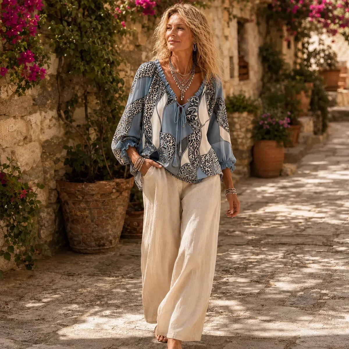 Blusa estampada patchwork para mujer con escote en V y lazos