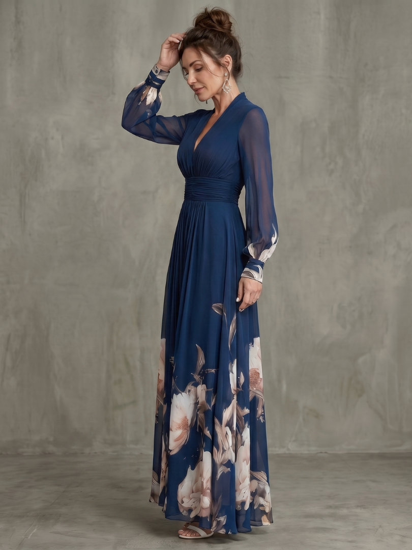 Vestido maxi de mujer con mangas transparentes y estampado floral