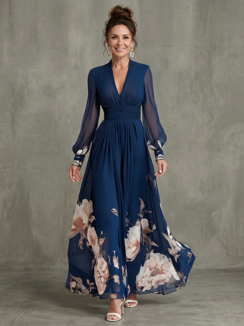 Vestido maxi de mujer con mangas transparentes y estampado floral