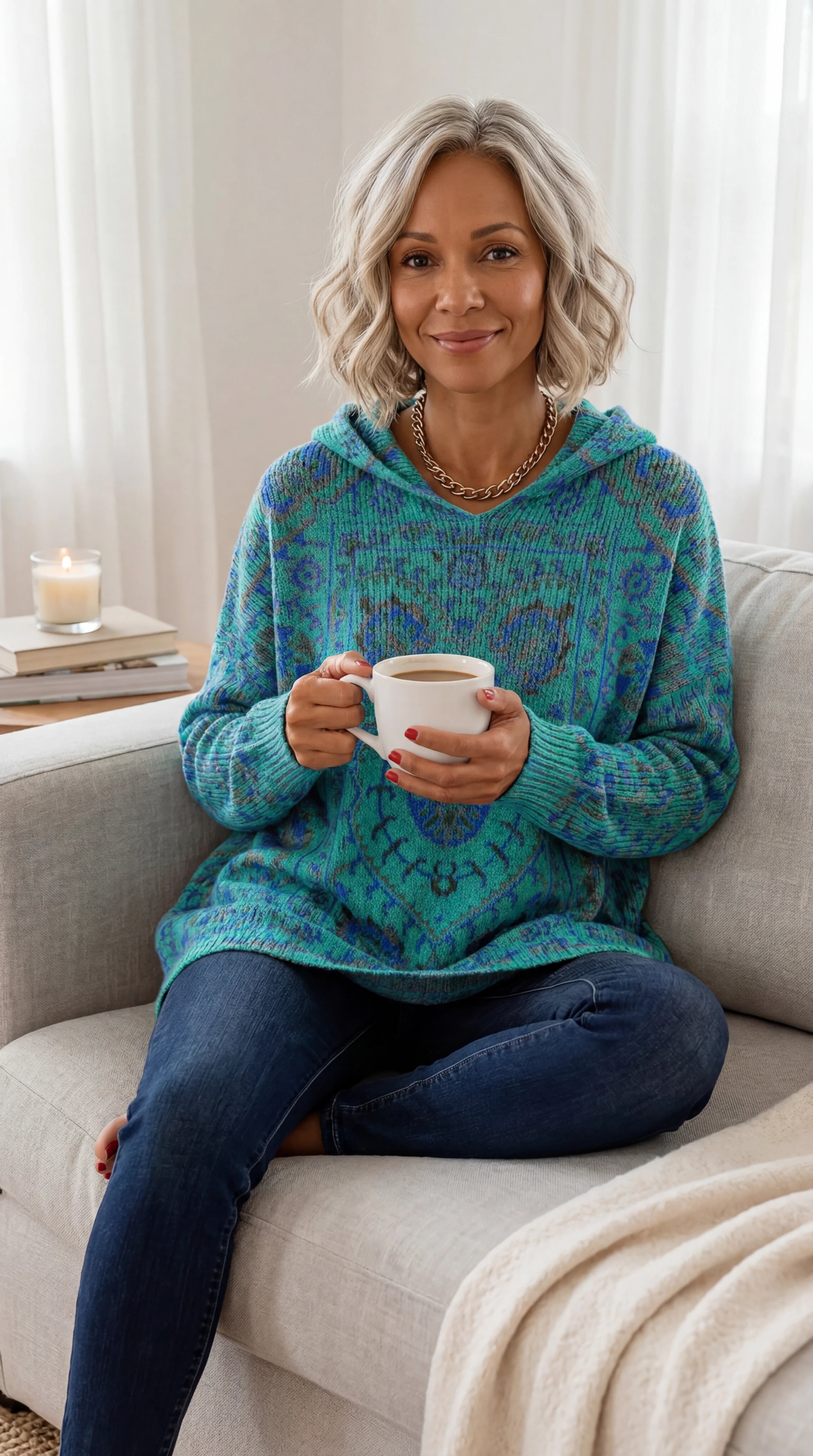 Túnica mujer con capucha retro estampada – cómoda y cálida