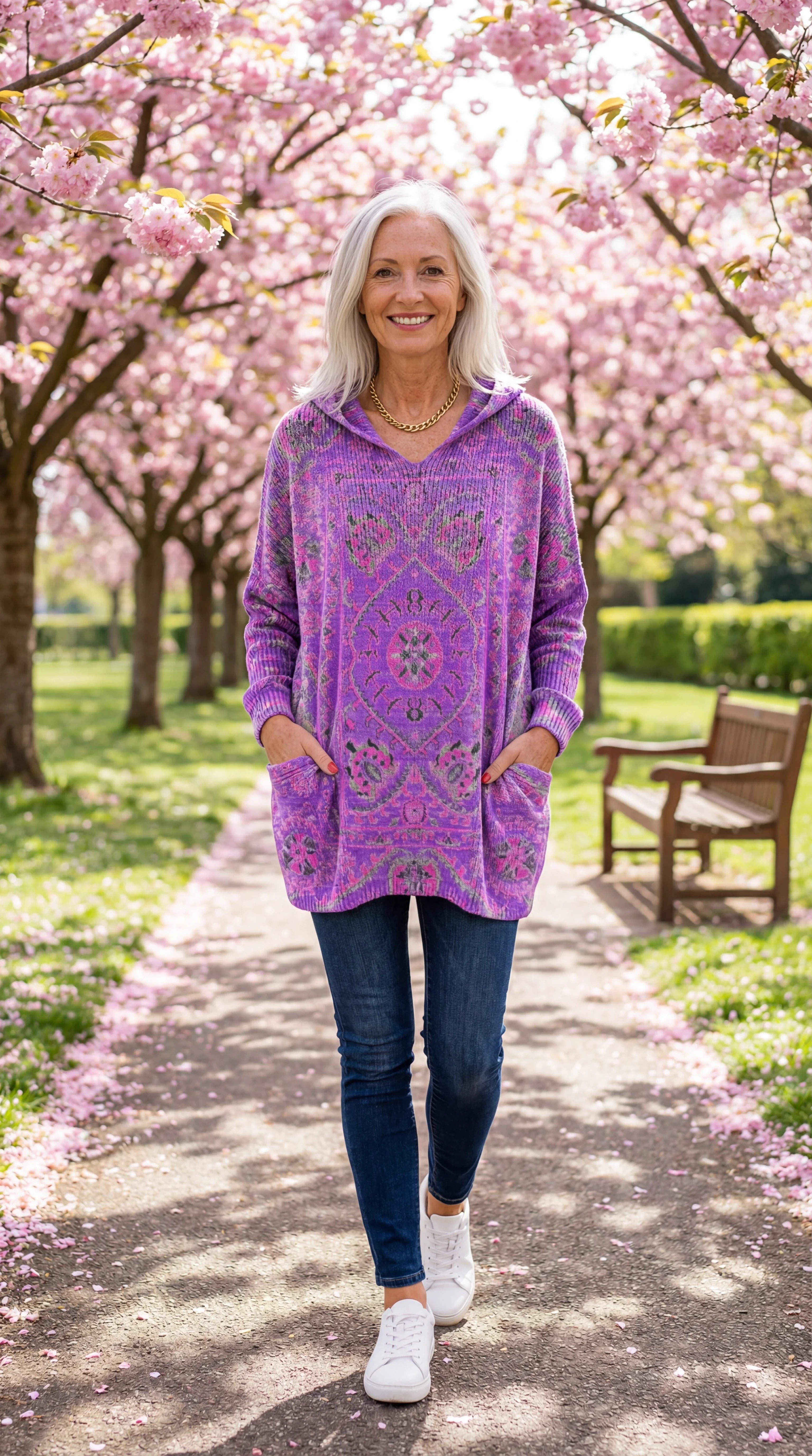 Túnica mujer con capucha retro estampada – cómoda y cálida