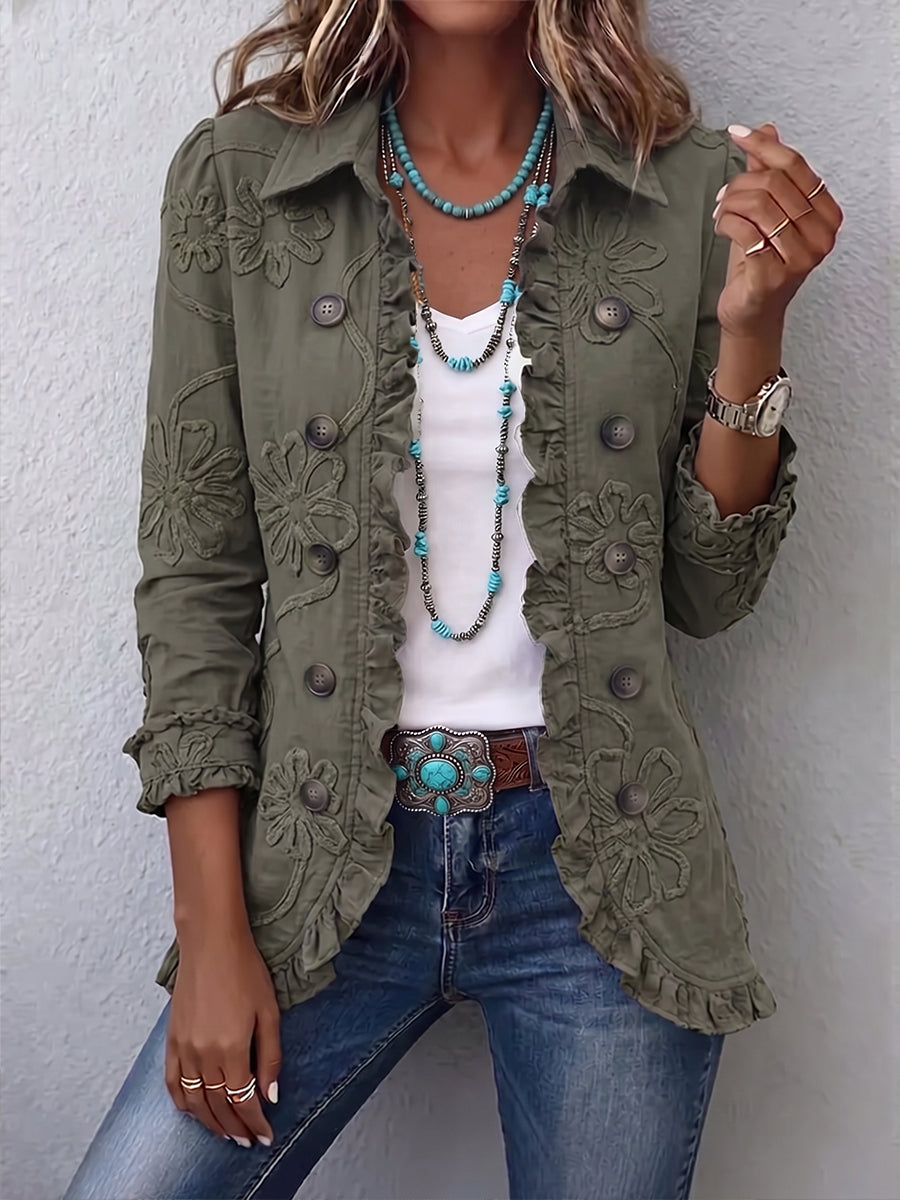 Chaqueta bordada mujer con volantes y botones decorativos