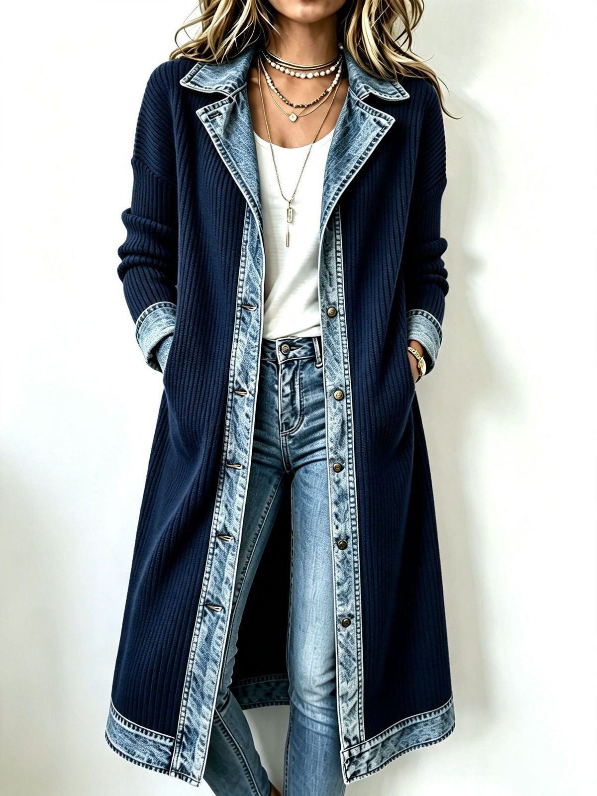 Cárdigan largo de punto acanalado para mujer con acabados denim