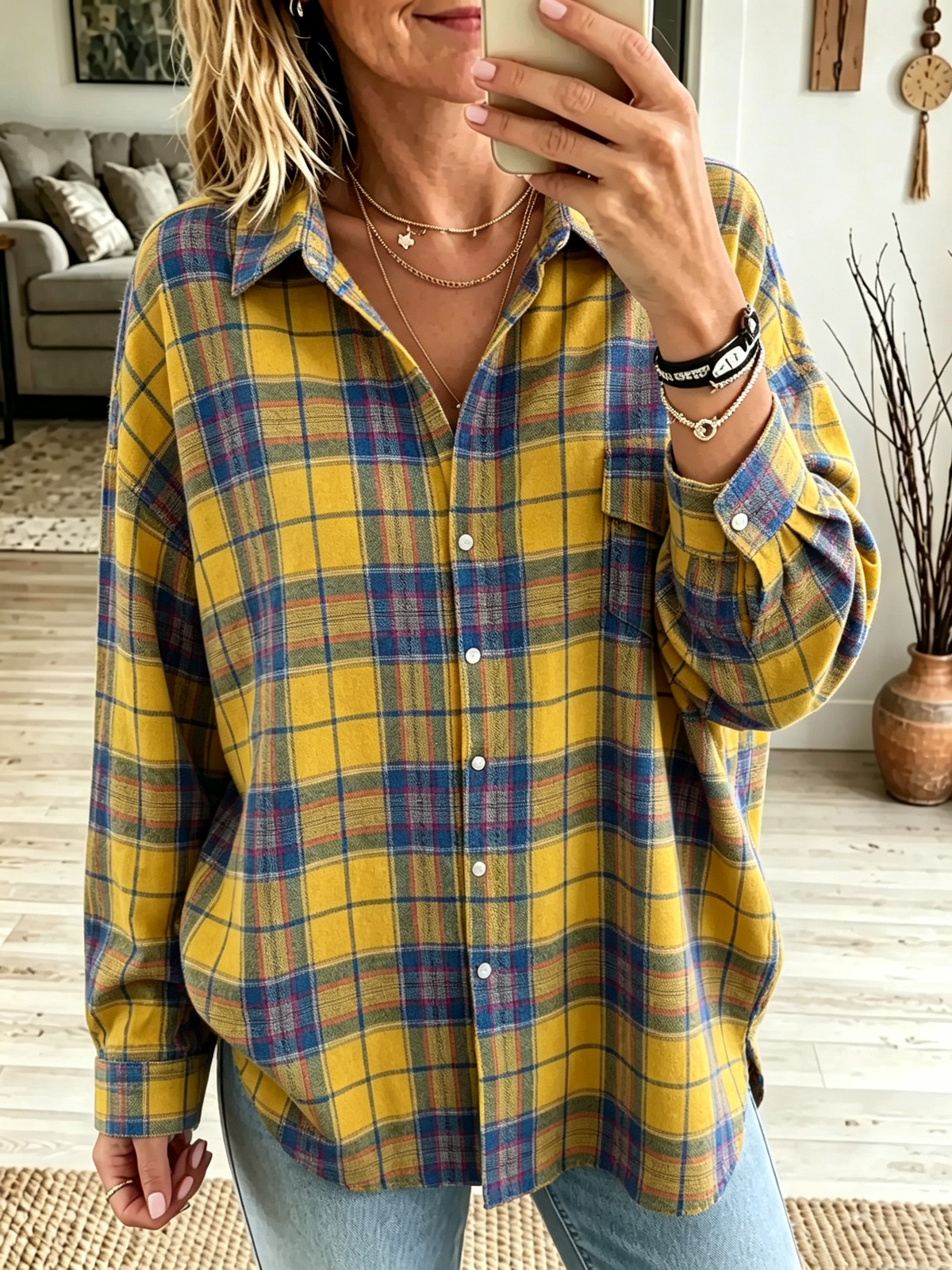 Camisa mujer oversize a cuadros con botones y bolsillos