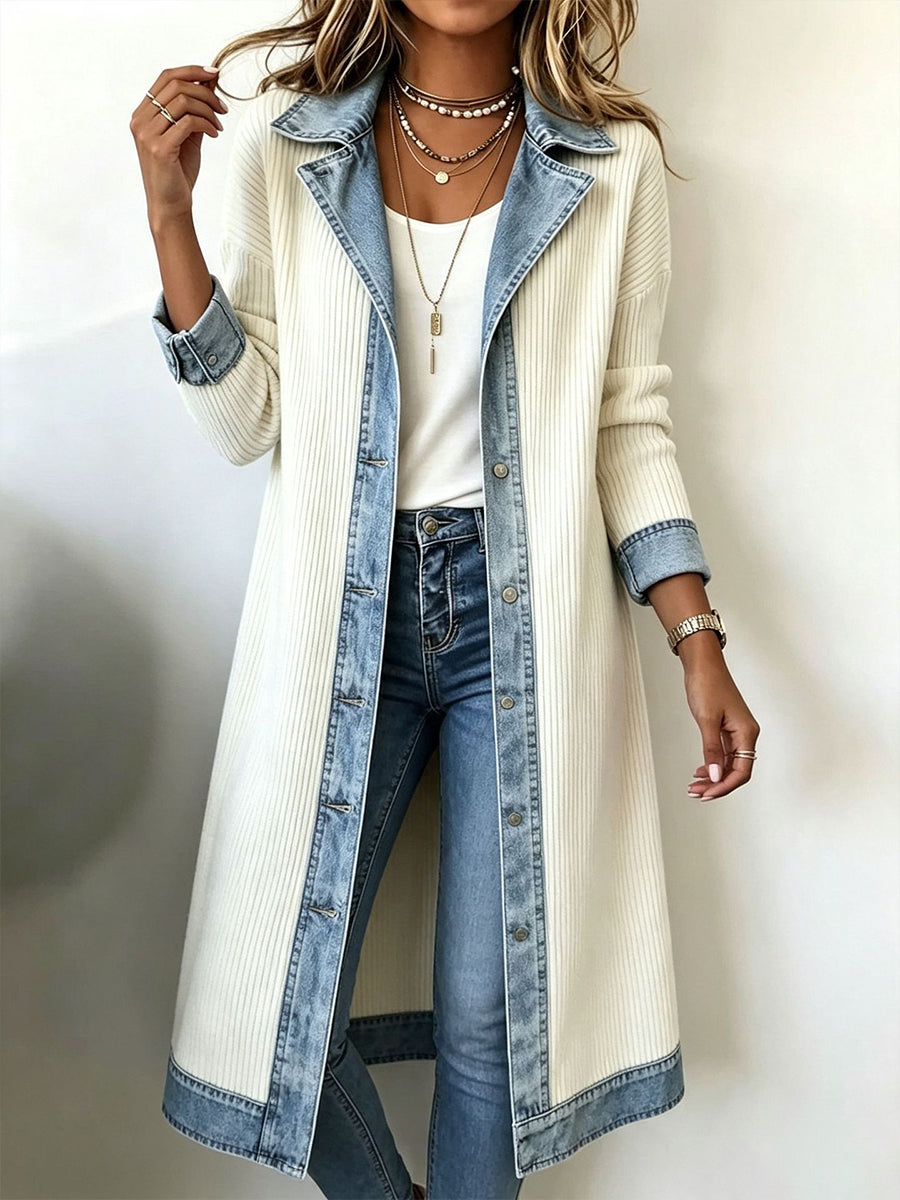 Cárdigan largo de punto acanalado para mujer con acabados denim