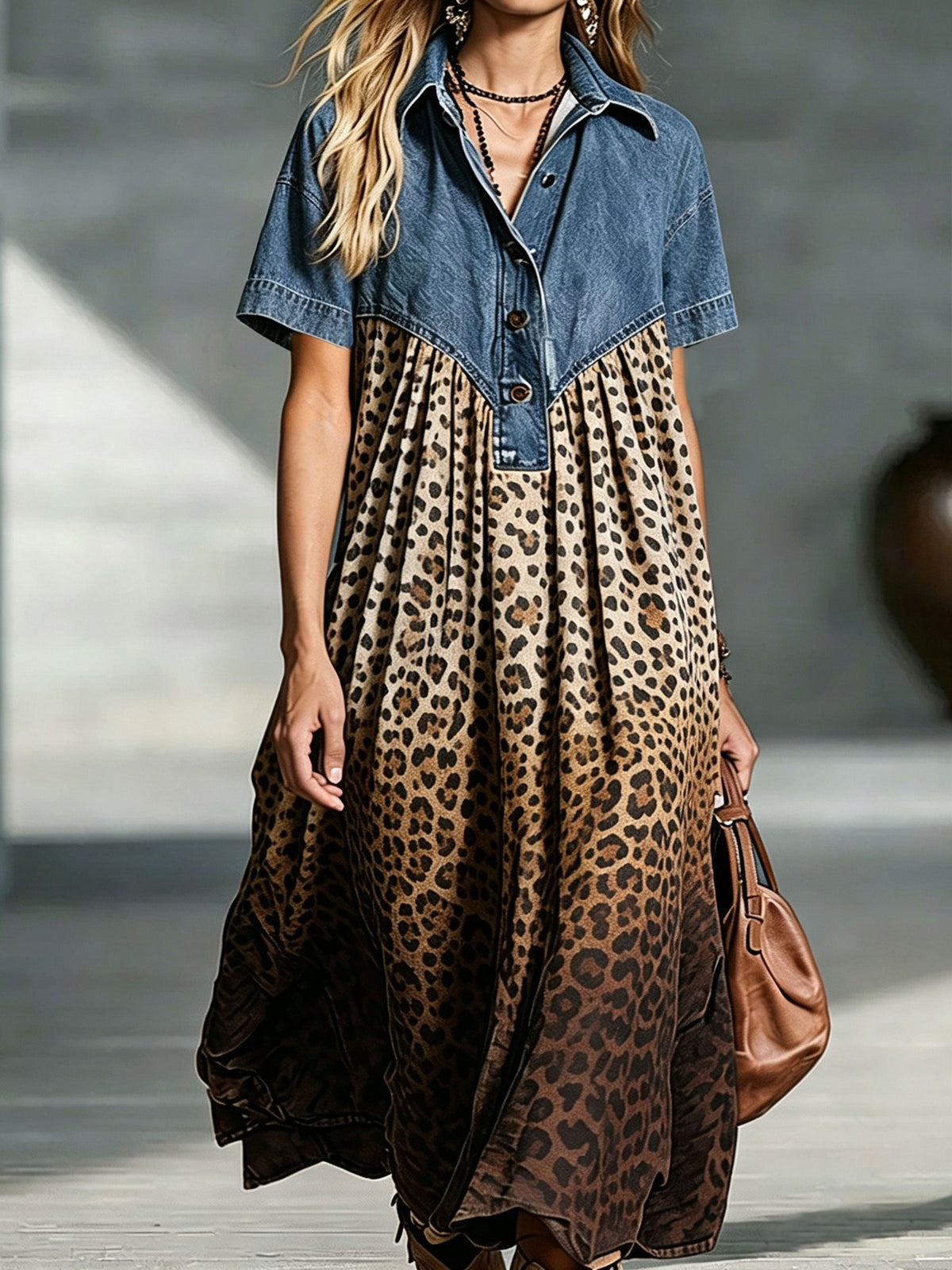 Vestido mujer patchwork con mezclilla y estampado leopardo