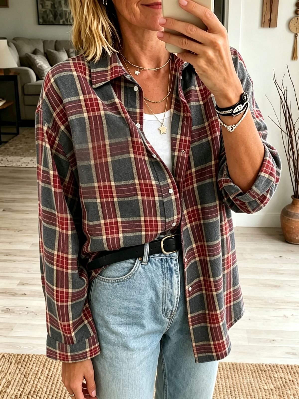 Camisa mujer oversize a cuadros con botones y bolsillos