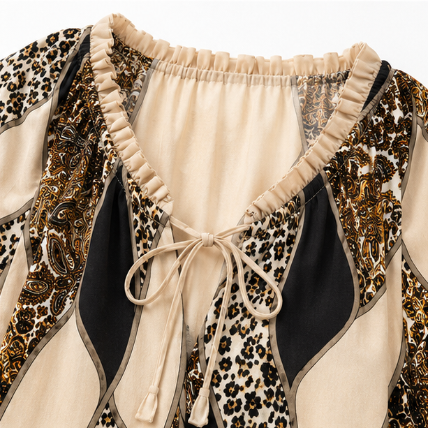 Blusa estampada patchwork para mujer con escote en V y lazos