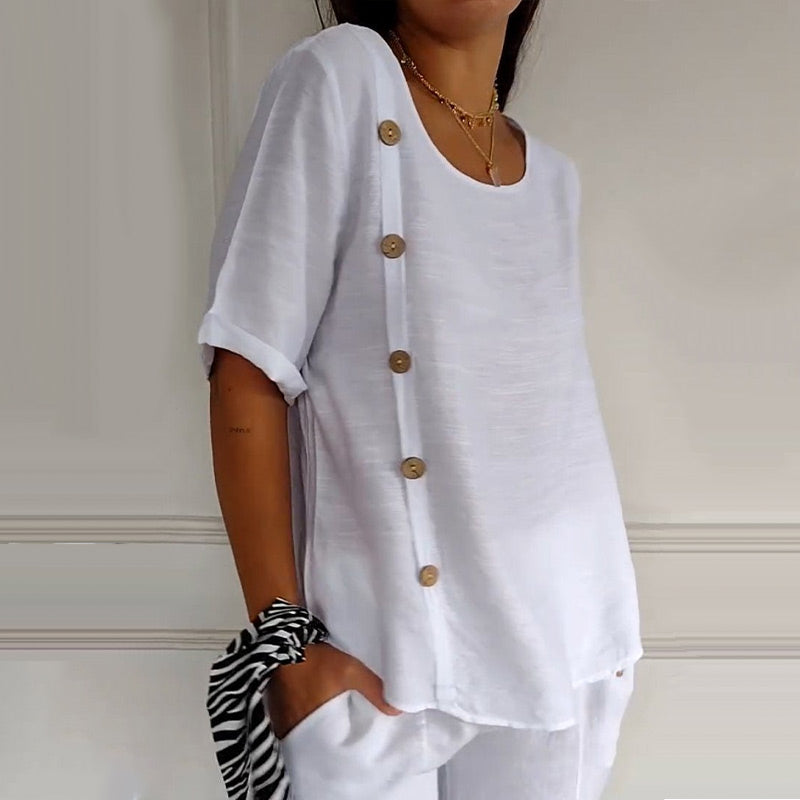 Blusa mujer lino oversize botones laterales cuello redondo verano