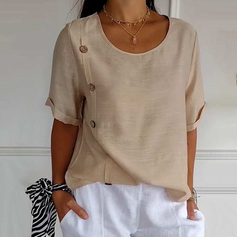 Blusa mujer lino oversize botones laterales cuello redondo verano