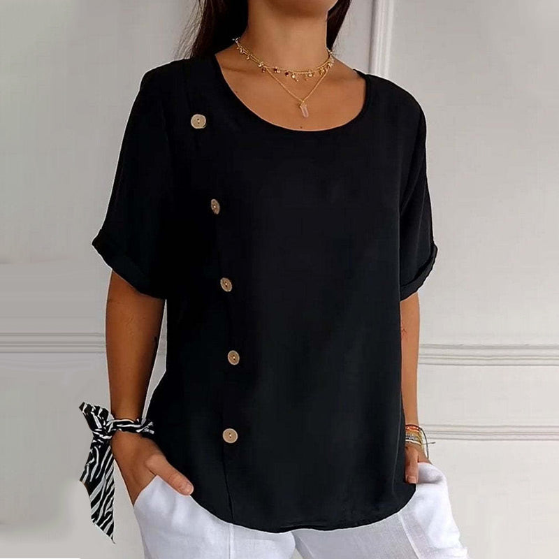 Blusa mujer lino oversize botones laterales cuello redondo verano