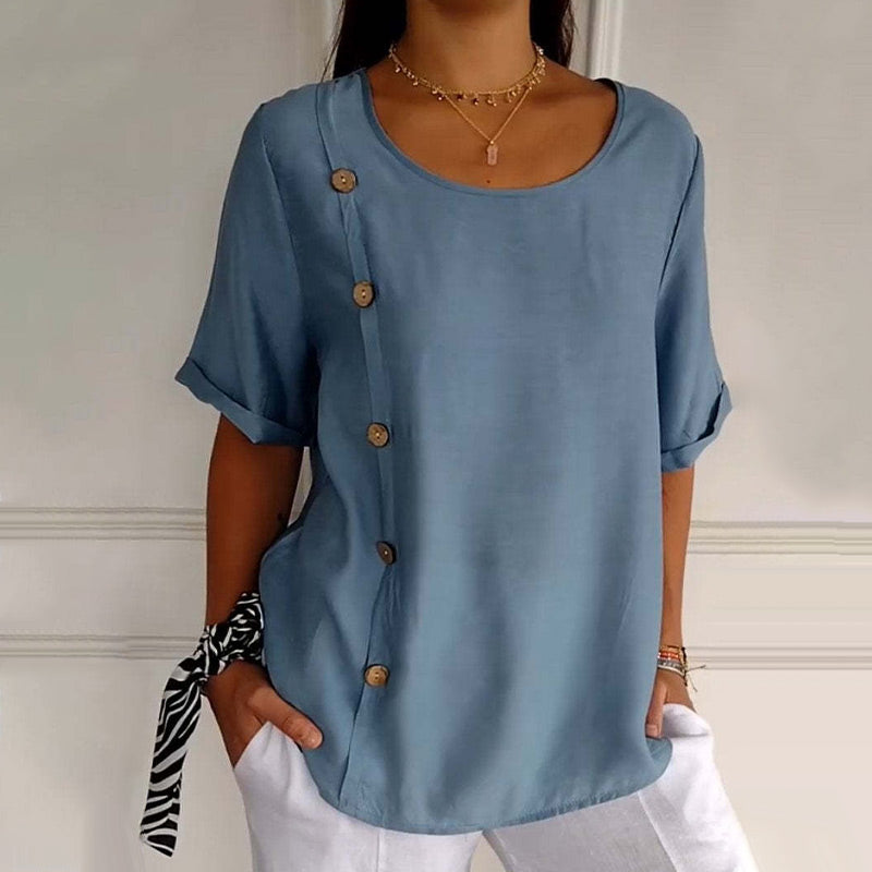 Blusa mujer lino oversize botones laterales cuello redondo verano