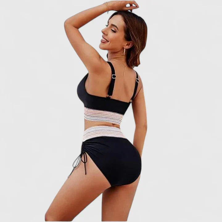 Bikini mujer halter escote V cintura alta crochet cordones laterales playa