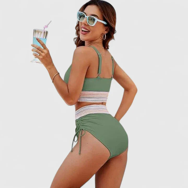Bikini mujer halter escote V cintura alta crochet cordones laterales playa