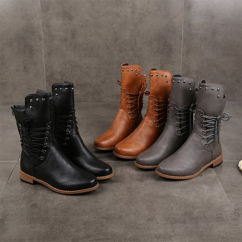 Botines de mujer con cordones, remaches y tacón bajo