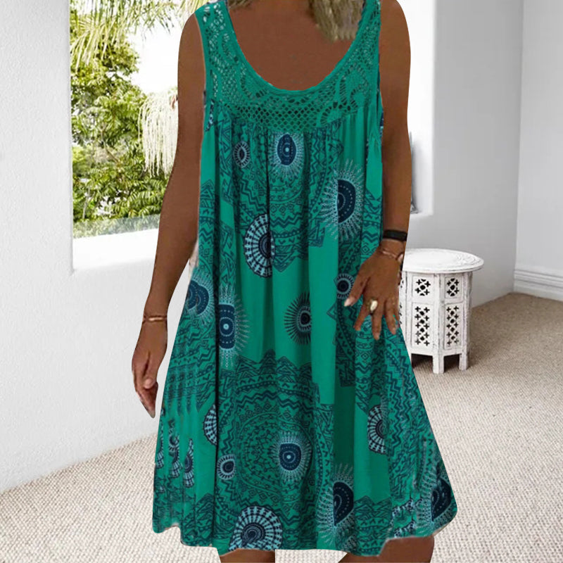 Vestido amplio mujer sin mangas con estampado gráfico y encaje