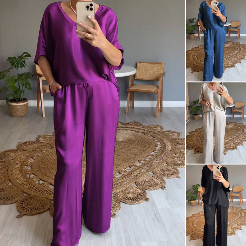 Conjunto mujer satinado oversize elegante pantalón ancho fluido