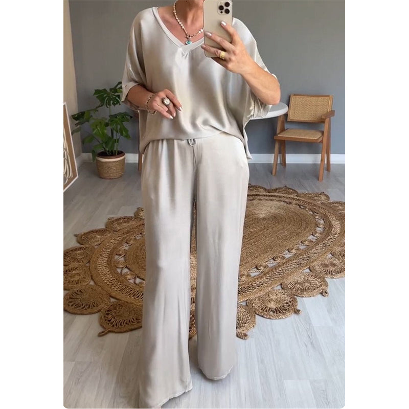 Conjunto mujer satinado oversize elegante pantalón ancho fluido