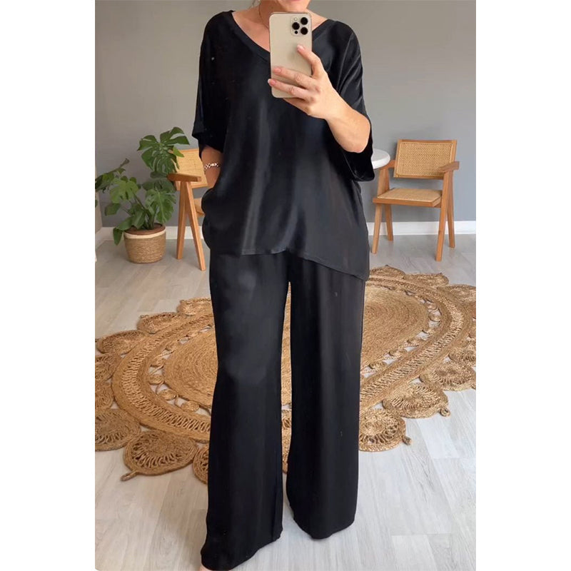 Conjunto mujer satinado oversize elegante pantalón ancho fluido