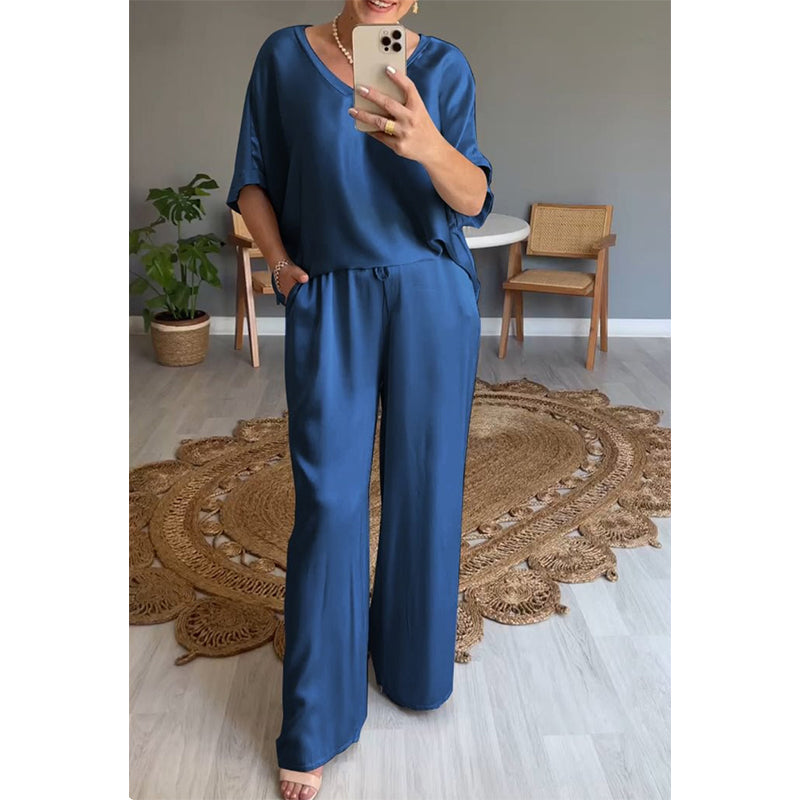 Conjunto mujer satinado oversize elegante pantalón ancho fluido