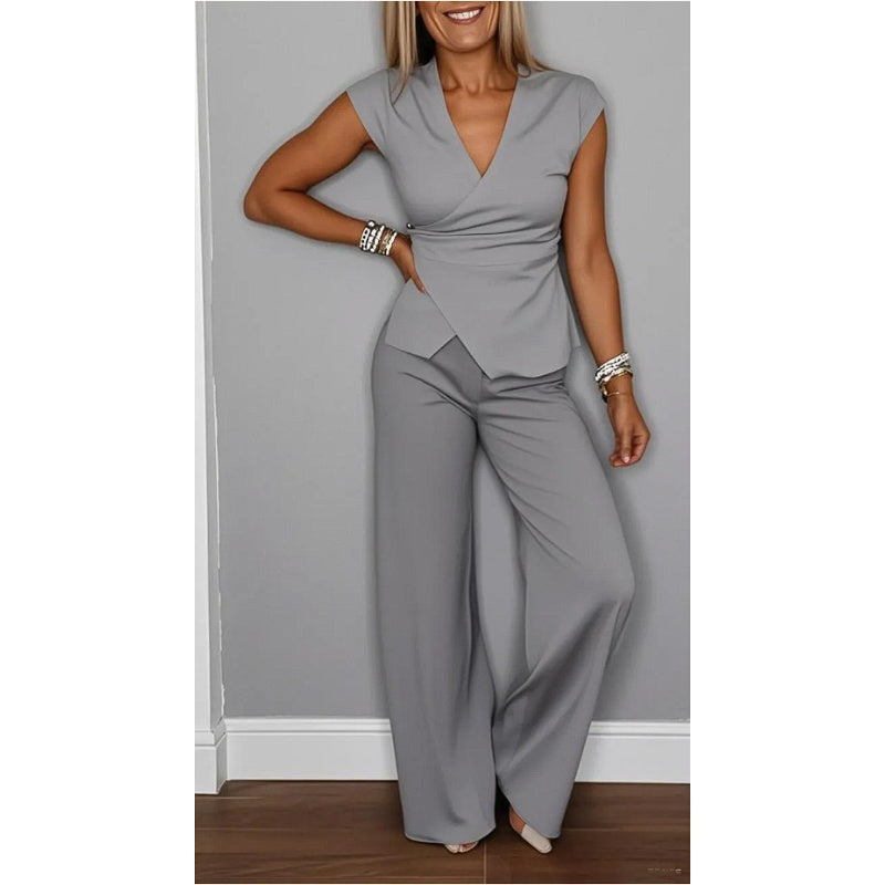Conjunto Mujer Elegante – Escote en V con Pantalón Fluido Moderno