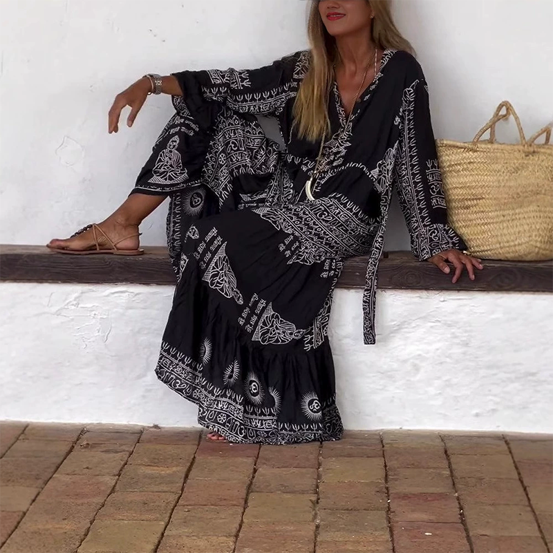 Vestido largo mujer étnico tribal cuello V cinturón mangas acampanadas