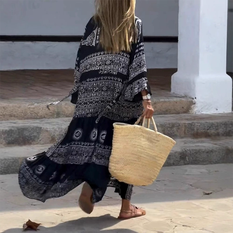 Vestido largo mujer étnico tribal cuello V cinturón mangas acampanadas