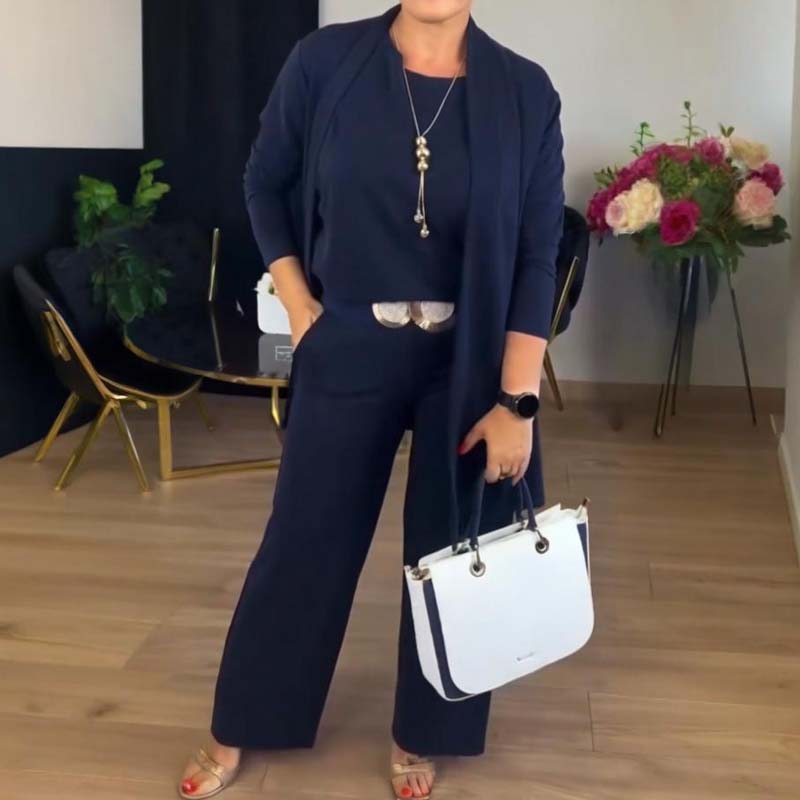Conjunto tres piezas mujer con cárdigan largo elegante