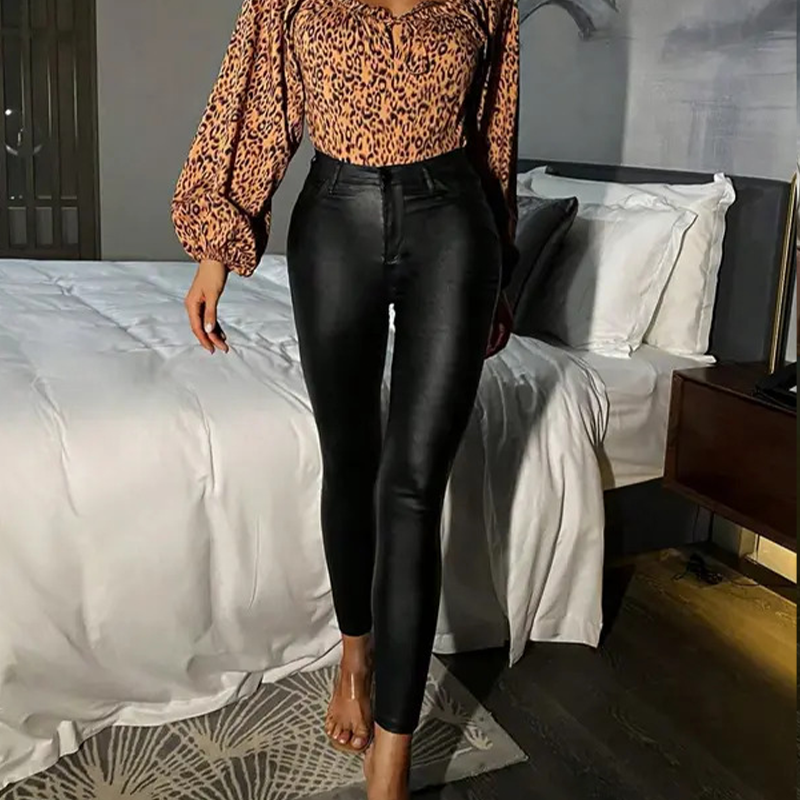Pantalón skinny mujer de talle alto efecto cuero