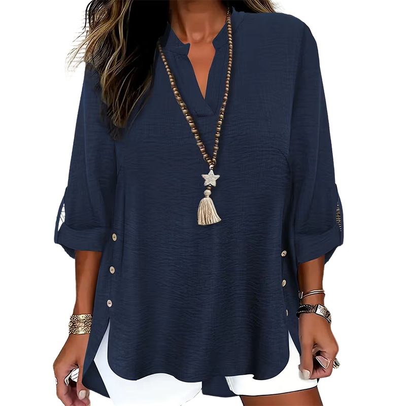 Top mujer con cuello en V y botones laterales