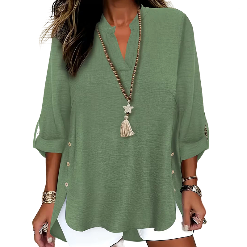 Top mujer con cuello en V y botones laterales