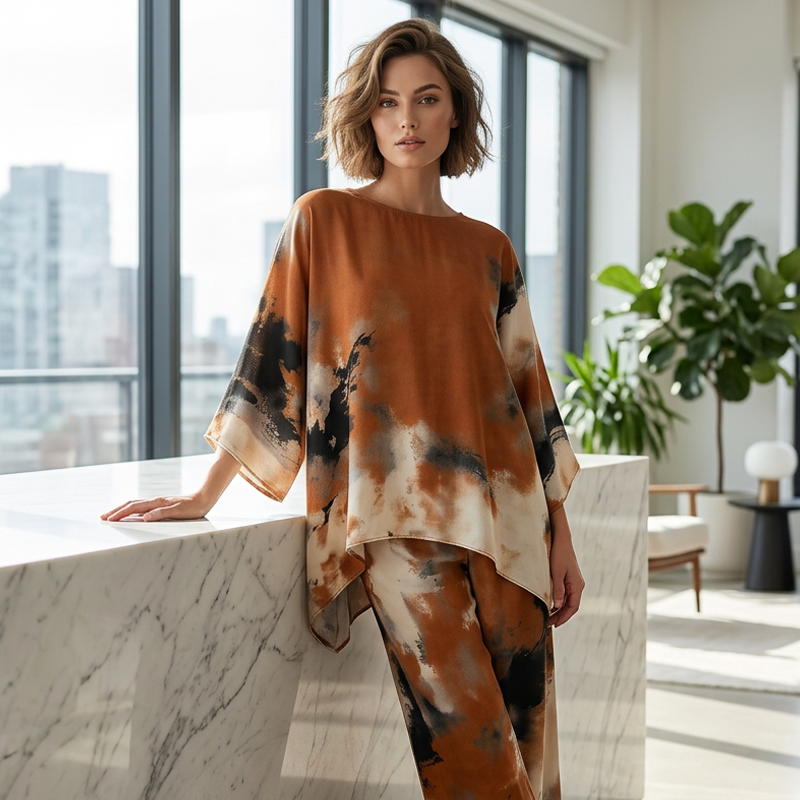 Conjunto mujer dos piezas túnica oversized abstracto pantalón ancho satén