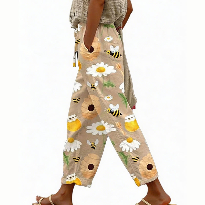 Pantalón floral de poliéster con cintura elástica para verano