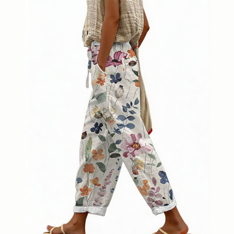 Pantalón floral de poliéster con cintura elástica para verano
