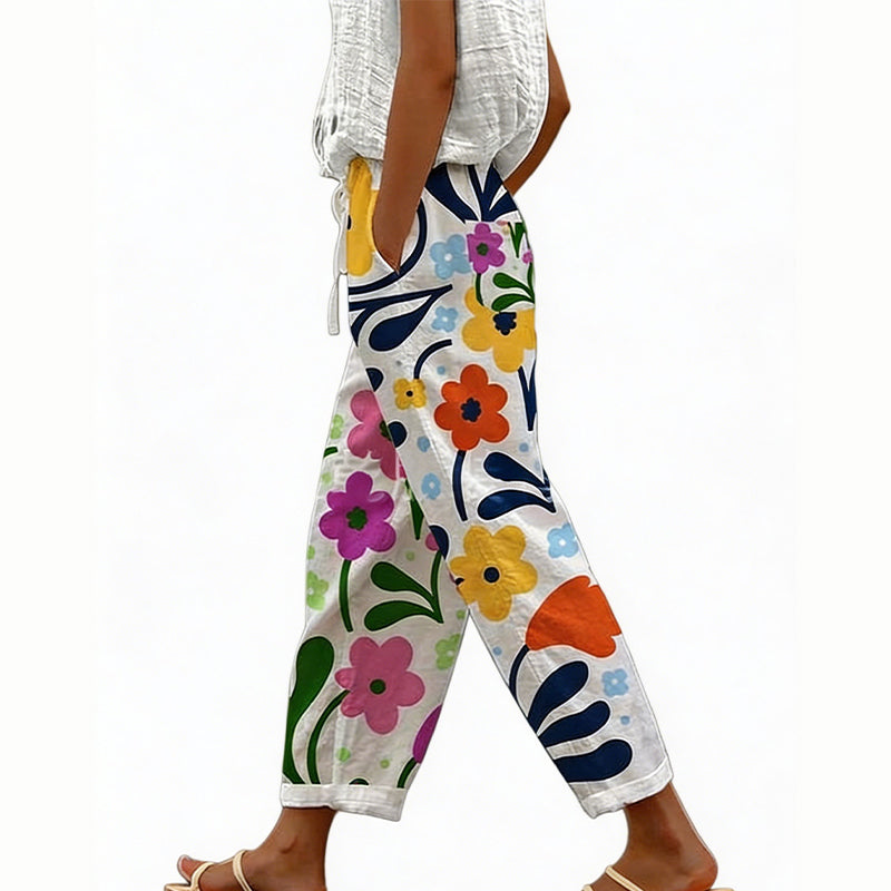 Pantalón floral de poliéster con cintura elástica para verano
