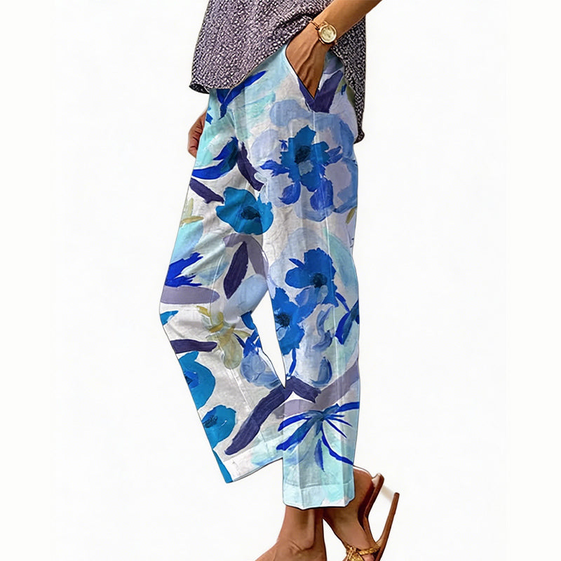 Pantalón floral de poliéster con cintura elástica para verano
