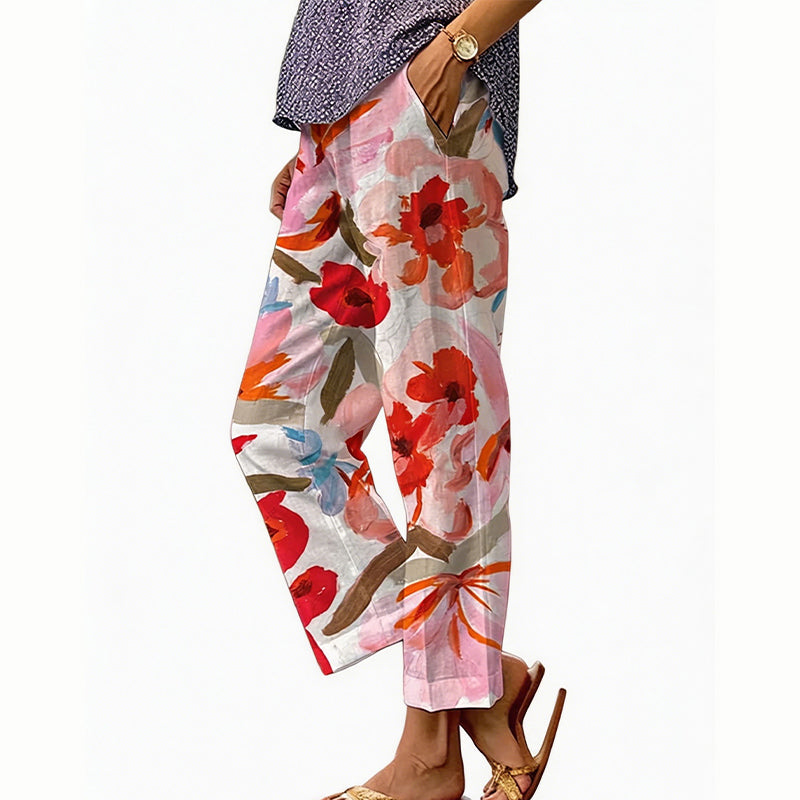 Pantalón floral de poliéster con cintura elástica para verano