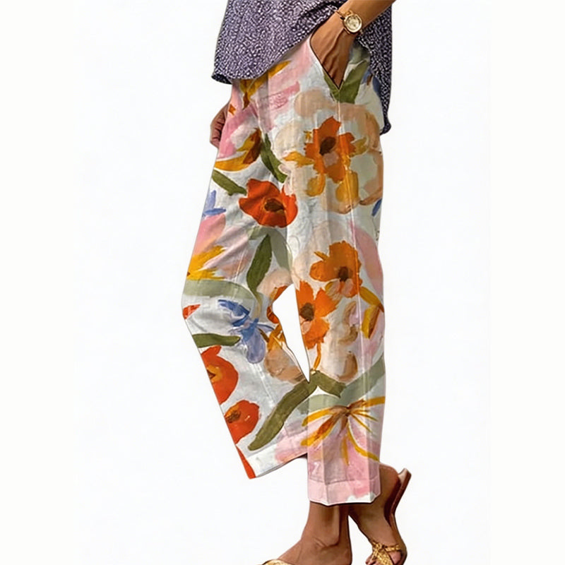 Pantalón floral de poliéster con cintura elástica para verano