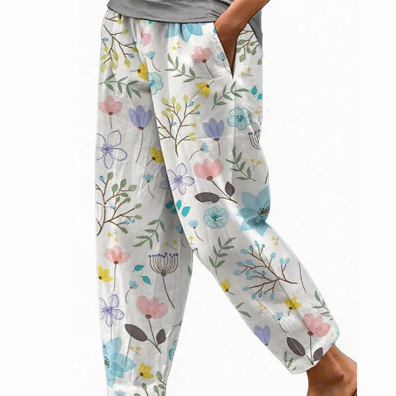 Pantalón floral de poliéster con cintura elástica para verano