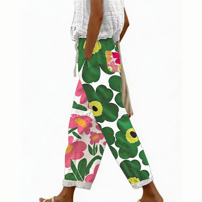 Pantalón floral de poliéster con cintura elástica para verano