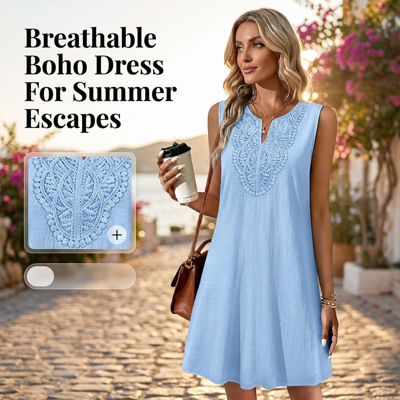 Vestido de verano para mujer de algodón y lino con escote en V bordado